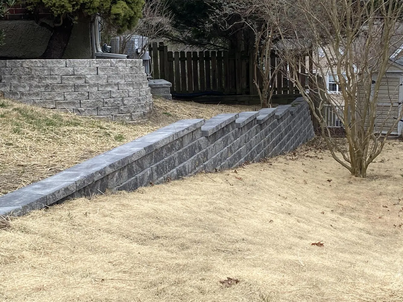 A retaining wall on a slope